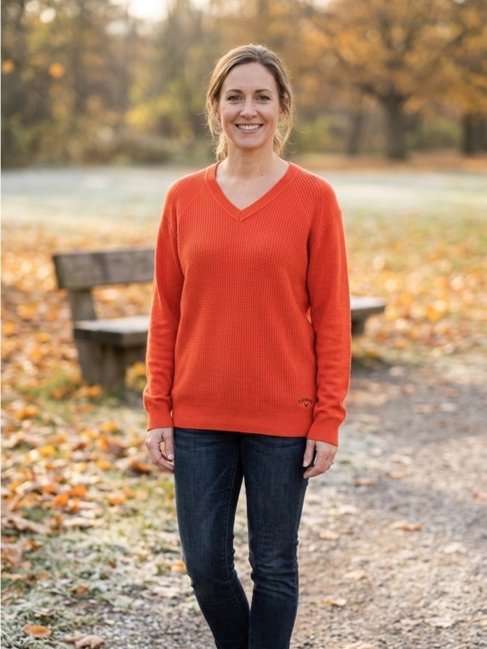 Callaway | Bright Orange V-Neck Sweater | Merino Wool Blend | Sz L